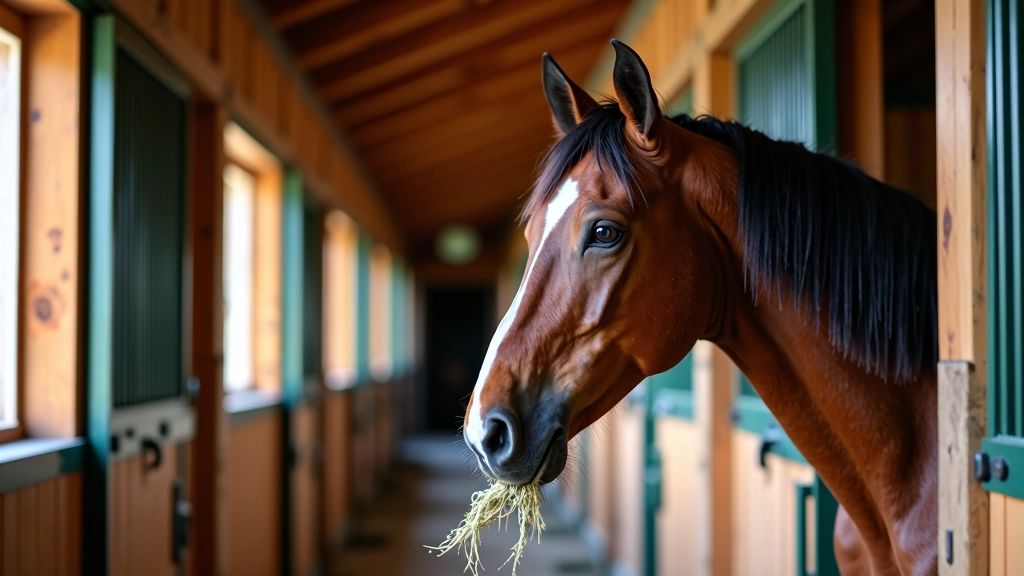 horse eating hay stable
