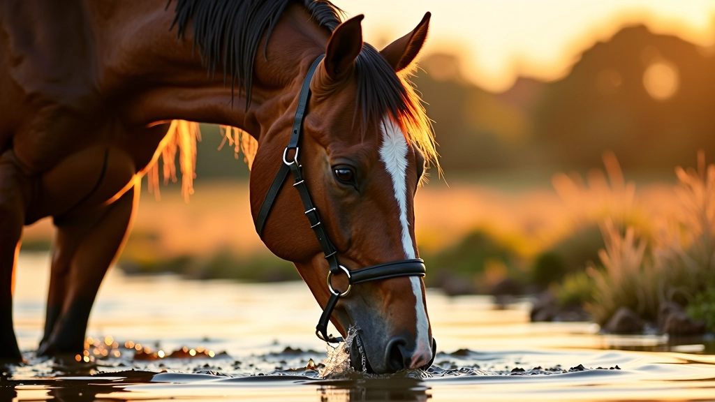 خيل رياضي يشرب الماء بعد جلسة تدريب مكثفة في حقل مفتوح
