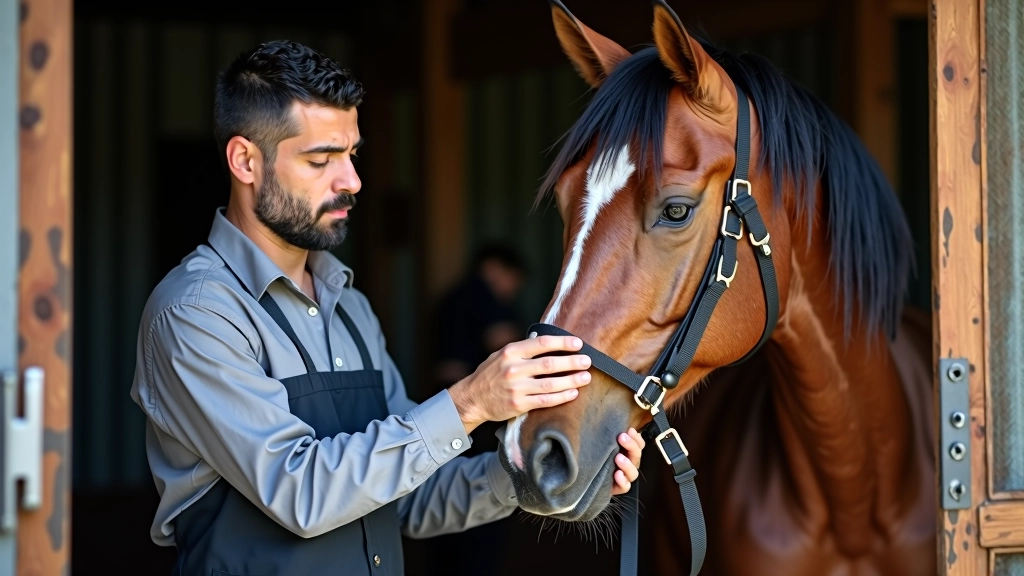 مراقب الخيل يفحص صحة الحصان ويتحقق من علامات الجفاف